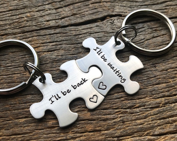 Hand Stamped Puzzle Piece Keychain Set, Personalized His and Hers Anniversary Gift