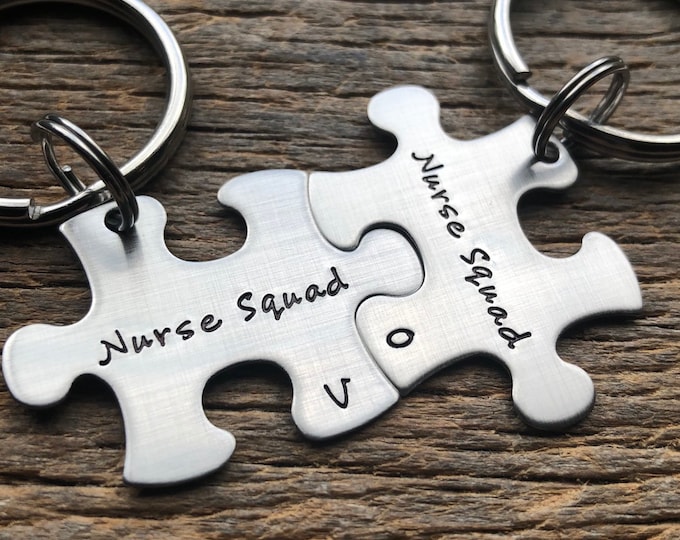 Customized Best Friends Nurse Puzzle Piece Key Chain with Initials  Personalized sorority sisters key chain Student RN LPN CNA