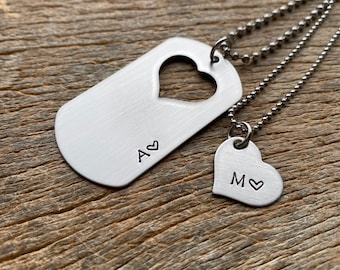 Initial Only Couples Necklace Set Dog Tag with Heart Cutout  Hand Stamped  His and Her Gift For Her/Him Anniversary