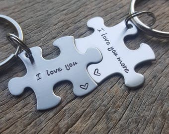 Puzzle Piece Key Chain Set I Love You I Love You More Hand Stamped Couples Set His and Hers