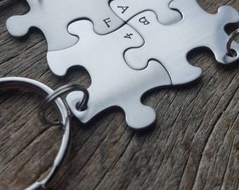 Customizable Initials only Puzzle Piece Key Chain Set of 4 Hand Stamped Personalized Best Friends