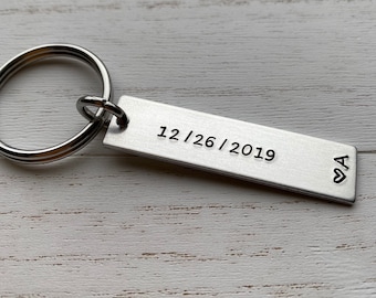 Anniversary Date ONLY Hand Stamped Light Weight  Petite Aluminum Rectangle  key chain Best Friend/Boyfriend/Girlfriend