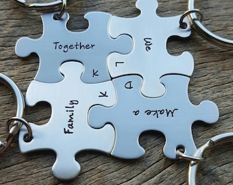 Personalized Hand Stamped set of 4 Puzzle Piece Key Chain Set Together We Make a Family  Customizable  Blended Family