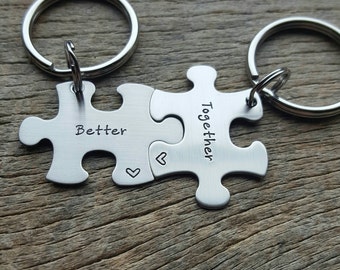 Customizable Better Together Puzzle Piece Key chain Set - Hand Stamped Stainless Steel Couples set/ Best Friends