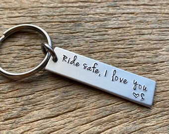 Gift for Him Ride Safe Customizable Hand Stamped Light Weight  Aluminum Rectangle  key chain Best Friend/Boyfriend/ Motorcyclist