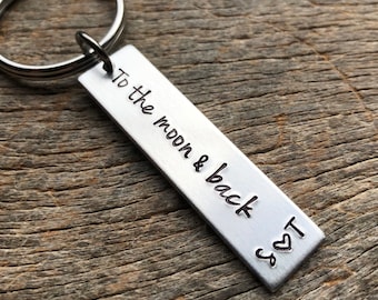 Customizable To The Moon And Back With Initials Hand Stamped Light Weight  Aluminum Rectangle  key chain Best Friend/Boyfriend/Girlfriend