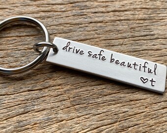 Drive Safe Beautiful Customizable Initial Hand Stamped Light Weight  Aluminum Travel key chain Best Friend/Boyfriend/Girlfriend / Christmas