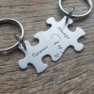 Forever And Always  Puzzle Piece Key Chain Set Hand Stamped Couples Set His and Hers