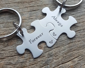 Forever And Always  Puzzle Piece Key Chain Set Hand Stamped Couples Set His and Hers