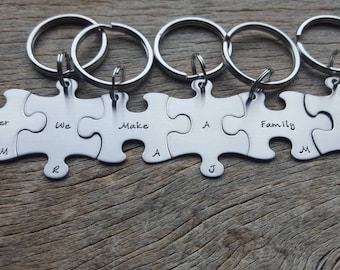 Personalized Hand Stamped set of 6 Puzzle Piece key chainsSet Together We Make a Family  Customizable Family Key Chain Set Blended Family