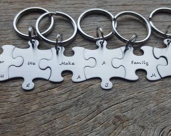 Personalized Hand Stamped set of 6 Puzzle Piece key chainsSet Together We Make a Family  Customizable Family Key Chain Set Blended Family