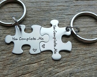 Puzzle Piece Key Chain Set You Complete Me His and Hers Couple Set Hand Stamped