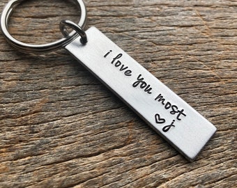 I Love You Most Customizable Hand Stamped Light Weight  Aluminum Rectangle  key chain Best Friend/Boyfriend/Girlfriend / Gift for Him