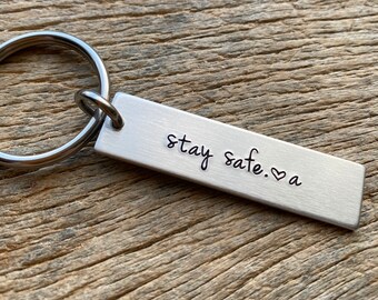 Stay Safe With Initial No Other Customization  Hand Stamped Light Weight  Aluminum key chain Boyfriend/ Husband / Wife / Travel