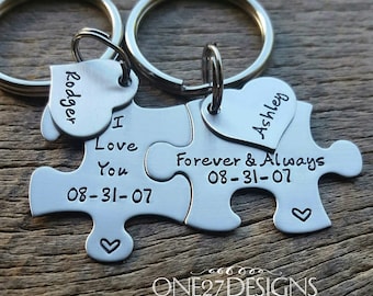 Personalized I Love You Forever & Always with Name Heart Hand Stamped Puzzle Piece Key Chain Set couples Anniversary