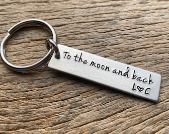 To the Moon and Back Customizable Hand Stamped Light Weight  Aluminum Rectangle  key chain Best Friend/Boyfriend/Girlfriend / Husband/ Wife