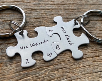 Customizable His Weirdo Her Nerd Puzzle Piece Key Chain Set  Hand Stamped Personalized His and Hers Set Couples gift Anniversary Gift