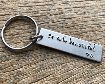 Be Safe Beautiful With Initial Hand Stamped Light Weight  Aluminum Rectangle  key chain Wife Girlfriend Valentine’s Day Anniversary