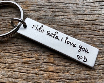 Ride Safe Customizable Hand Stamped Light Weight  Aluminum Rectangle  key chain Birthday Gift /Boyfriend/ Motorcyclist / New Driver