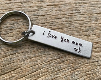 I Love You Mom Customizable Hand Stamped Light Weight Aluminum Rectangle key chain Son to Mom Daughter to Mom Best Mom Gift