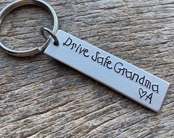 Drive Safe Grandma Customizable Hand Stamped Light Weight  Aluminum Rectangle  key chain Grandparents / Grandkids/ Christmas