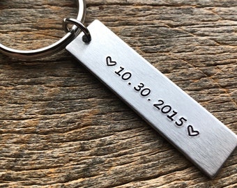 Anniversary Date ONLY Hand Stamped Light Weight  Petite Aluminum Rectangle  key chain Best Friend/Boyfriend/Girlfriend