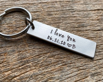 I Love You Date Initial Customizable Hand Stamped Light Weight  Aluminum Rectangle  key chain Best Friend/Boyfriend/Girlfriend /Christmas