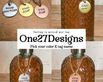 Custom Stamped Hang Tag Dispenser Label Tags Handmade Metal Organizer Hand Dish Soap Sanitizer Kitchen Bathroom Organization Bottle Charms