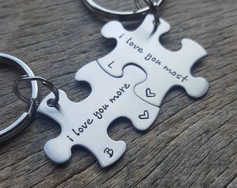 I Love You More I Love You Most Puzzle Piece Key Chain Set - Hand Stamped Stainless Steel Anniversary Gift Boyfriend Girlfriend Husband Wife