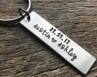 Name And Date  Hand Stamped Light Weight  Aluminum Rectangle  key chain Husband/ Wife/ Boyfriend/Girlfriend / Anniversary Gift