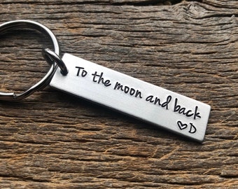 To the Moon and Back Customizable Hand Stamped Light Weight  Aluminum Rectangle  key chain Best Friend/Boyfriend/Girlfriend / Husband/ Wife