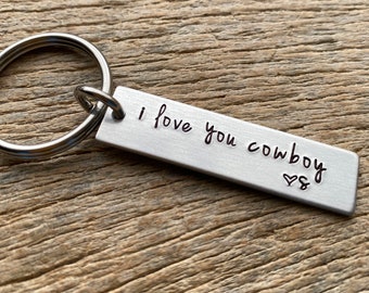 I Love You Cowboy Customizable Initial Hand Stamped Aluminum Travel key chain Best Friend/Boyfriend/Girlfriend / Bull Rider