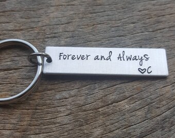 Customizable Forever And Always With Initials Hand Stamped Aluminum Rectangle  key chain Best Friends Boyfriend Girlfriend Wife Husband