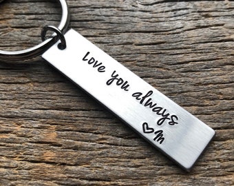 Love You Always With Initial Hand Stamped Light Weight  Aluminum Rectangle  key chain Best Friend Boyfriend Girlfriend