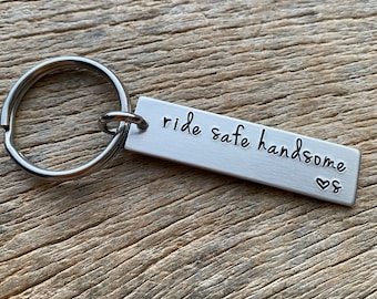 Ride Safe Handsome Customizable Hand Stamped Light Weight  Aluminum Rectangle  key chain Birthday Gift  Boyfriend Motorcyclist motorcycle