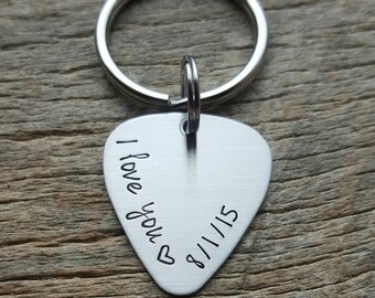 Customizable I Love You With Date Guitar Pick Key Chain - Hand Stamped Stainless Steel Wedding Anniversary Dating BFF