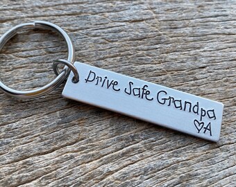 Drive Safe Grandpa Customizable Hand Stamped Light Weight  Aluminum Rectangle  key chain Grandparents / Grandkids/ Christmas