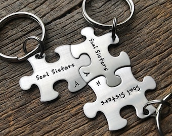 Customized Best Friends Soul Sisters Puzzle Piece Key Chain with Initials  Personalized sorority sisters key chain