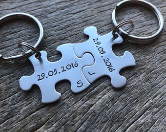 Couples Custom Puzzle Piece key Chain Set Hers Date and Initial anniversary gift for Him Personalized