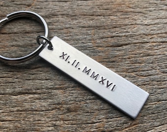 Roman Numeral Hand Stamped Light Weight  Aluminum Rectangle  key chain Husband Wife Boyfriend Girlfriend  Birthday