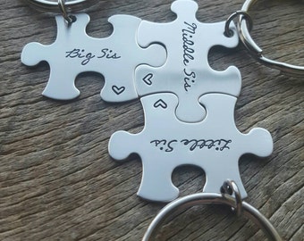 Customizable Big Sis Little Sis Middle Sis Hand Stamped Puzzle Piece key Chain Set  of 3 sisters sorority sisters