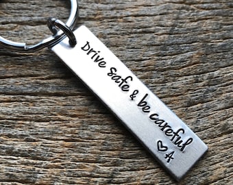Drive Safe and Be Careful With Initials Customizable Hand Stamped Light Weight  Aluminum Rectangle  key chain Boyfriend /Girlfriend