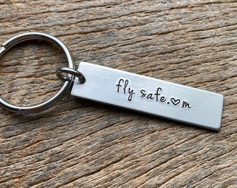 Fly Safe With Initial No Other Customization  Hand Stamped Light Weight  Aluminum key chain Boyfriend/ Husband / Wife / Travel/ Pilot