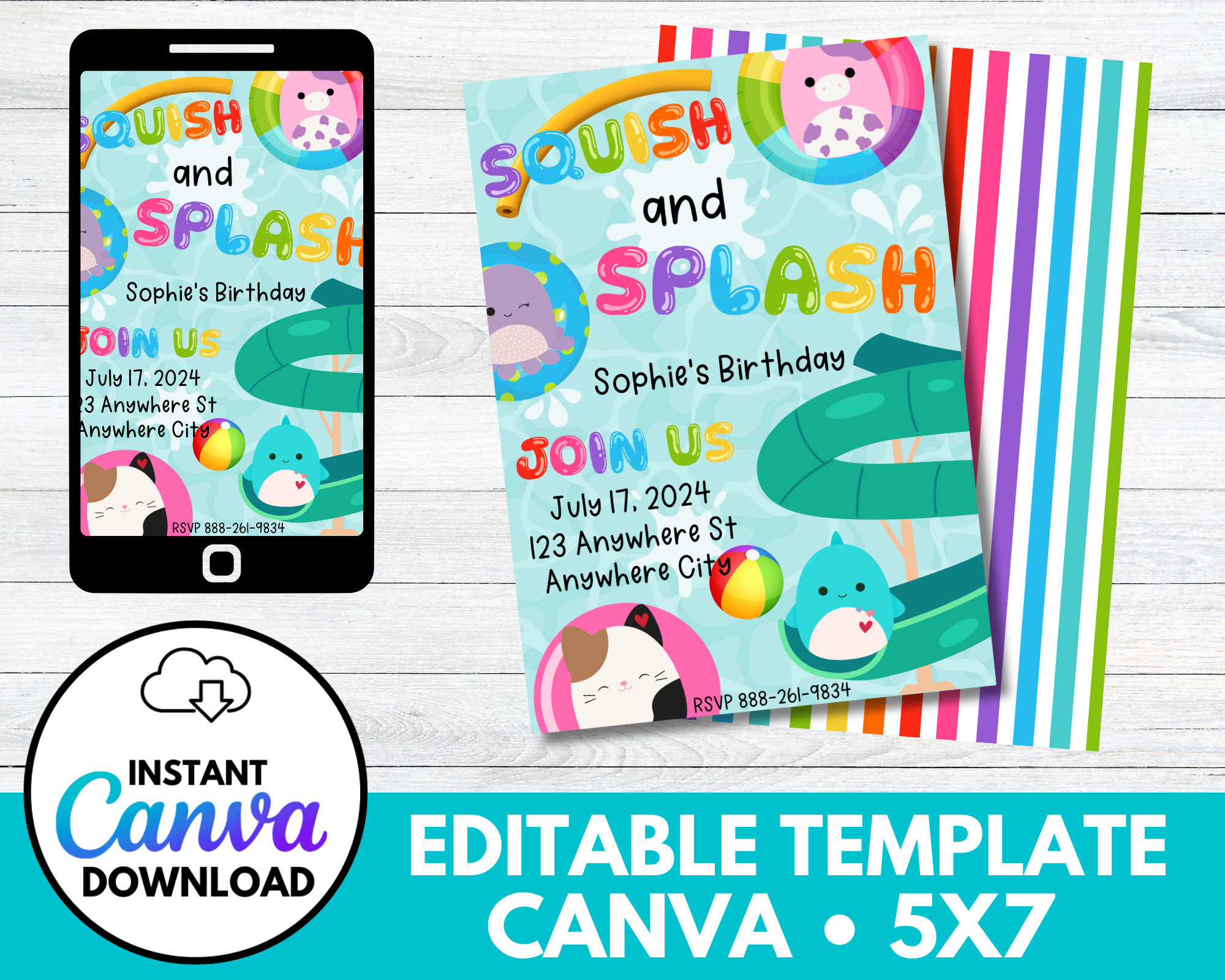 Editable Squish Splash Invitation Squishmallow Birthday Party Pool Party Child Birthday DIGITAL ONLY