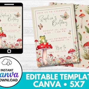 May include: Editable Canva template for a birthday invitation. The invitation features a whimsical mushroom and butterfly theme with a light brown background. The text on the invitation reads "Join us to celebrate Sophia's Birthday, August 14, 2024, 6:00 - 7:00 PM, 123 Anywhere St, Anywhere, IN, RSVP to 888-123-1234".