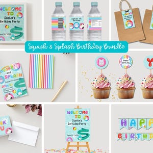 Könnte beinhalten: Eine Sammlung von Partyzubehör mit dem Thema "Squish & Splash Birthday Bundle". Enthält Wasserflaschenetiketten, Cupcake-Topper, Geschenktüten, Einladungen und ein Banner. Das Farbschema ist pastellfarben mit Regenbogenakzenten und dem Text "Welcome to Sophia's Birthday Party".