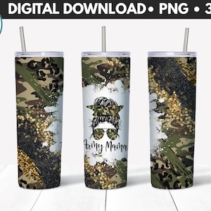 May include: A sublimation design for a tumbler featuring a camouflage pattern with gold glitter accents and the text "Army Mama".