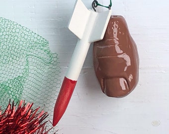 Missile Toe.  Mistletoe. Hand-Built Ceramic Make-Out Motivator. Recycled Clay. Year-Round Decoration. In Brown.