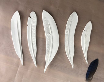 Feathers. Five Ceramic Feathers. Hand-Built. All White.