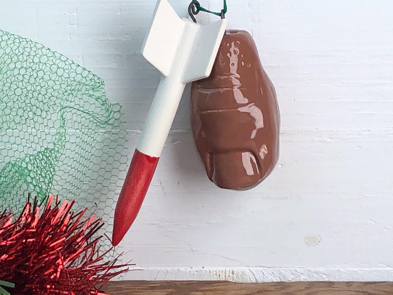 Missile Toe. Mistletoe. Hand-Built Ceramic Make-Out Motivator. Recycled Clay. Year-Round Decoration. In Brown. image 1